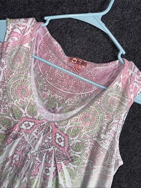 One World Live and Let Live Pink Green Paisley Medallion Rhinestone Tank Top M